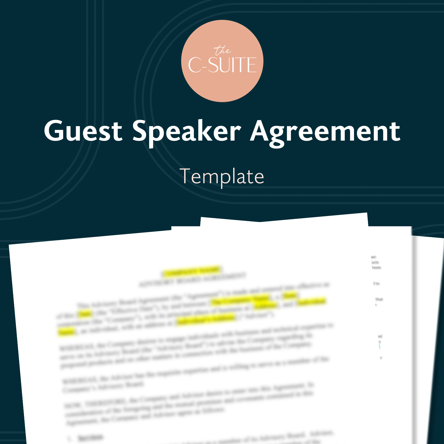 Text that reads "Guest Speaker Agreement Template" above three stacked contract pages that are blurred out.